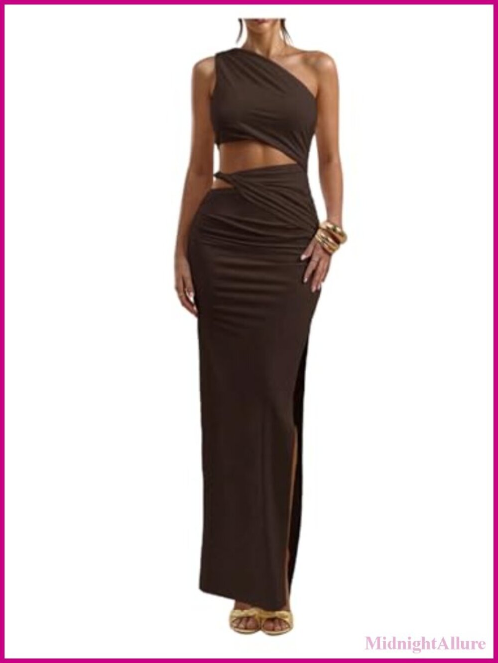 One Shoulder Cutout High Slit Ruched Maxi Dress Sleeveless Bodycon